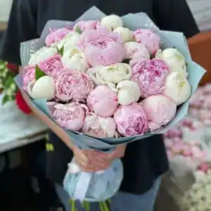 25 белых и розовых пионов недорого